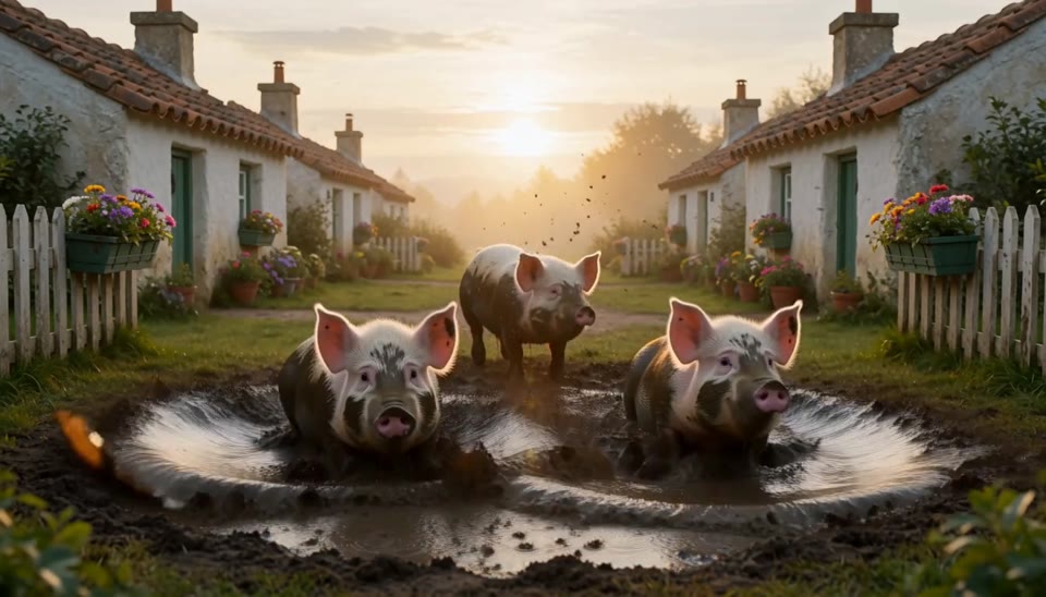 Final frame: pigs gleefully rolling in a mud-flooded garden