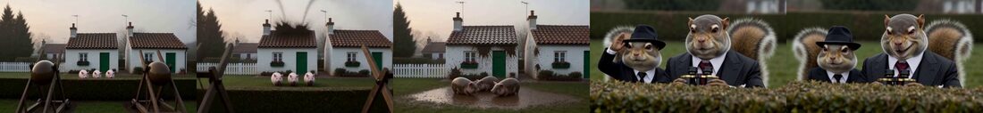 QC frame strip: five frames across a draft — cottages, pigs, squirrels in suits watching from a hedge