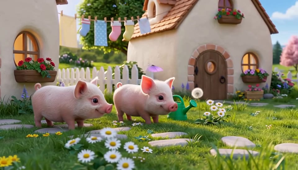 Rejected take: the pig cottage scene rendered as a bright 3D cartoon