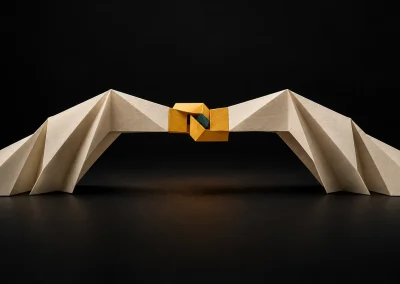 Two ivory folded-paper structures meet through a central gold clasp with a teal accent.