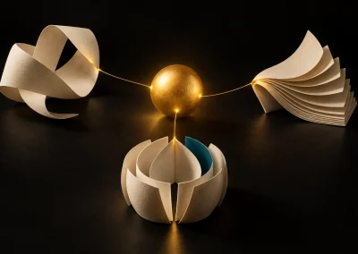 An ivory curled paper sculpture, gold sphere, fan-shaped book and rounded ivory bowl with a teal accent connected by thin gold lines.