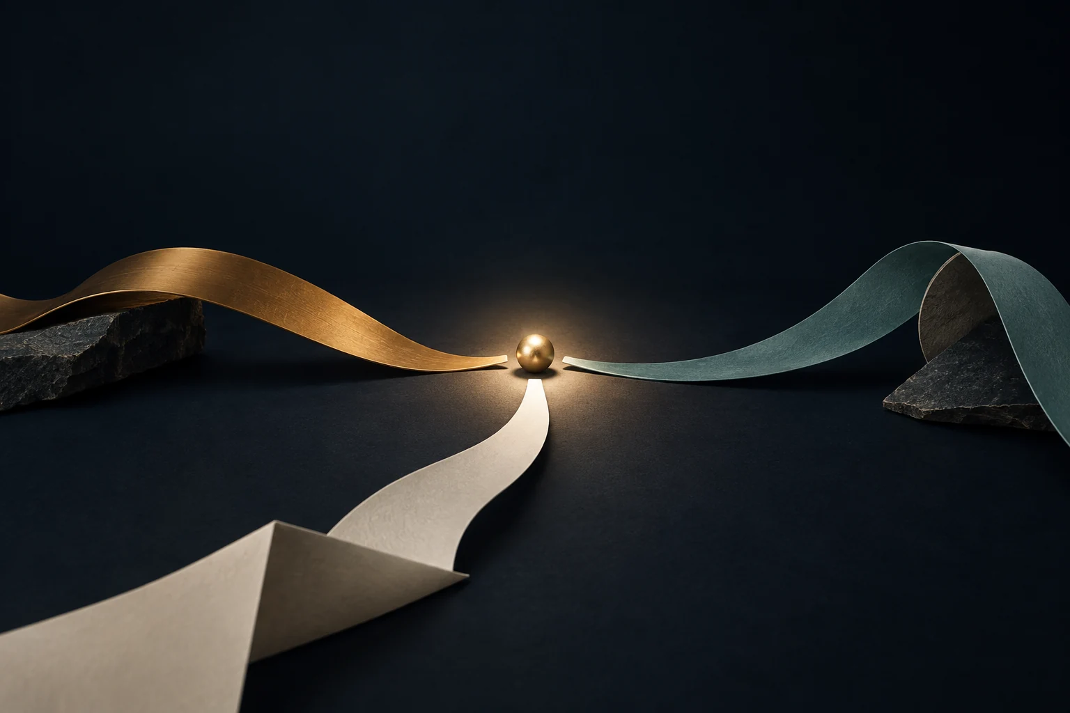 A question taking shape Gold, teal and ivory curved paths converge around a small gold sphere between two rough stones.