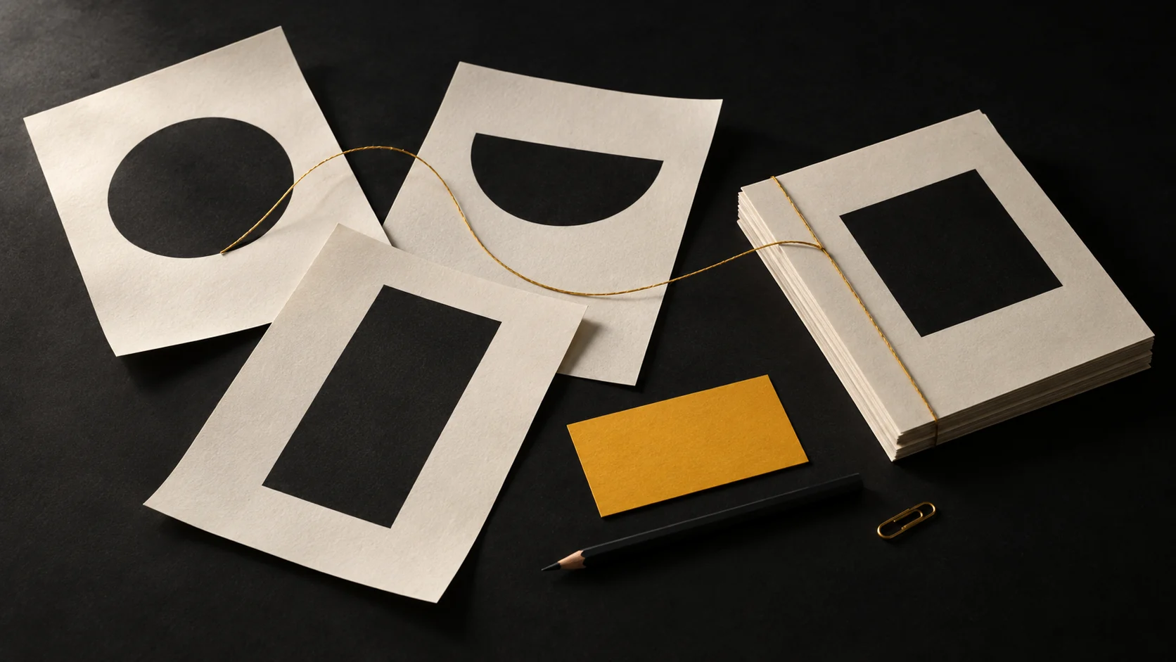 The editorial desk Paper layouts, a pencil and a gold thread arranged on a dark editorial desk.