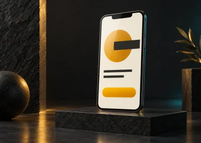 A phone displaying a simple ivory-and-gold layout with one prominent action button.
