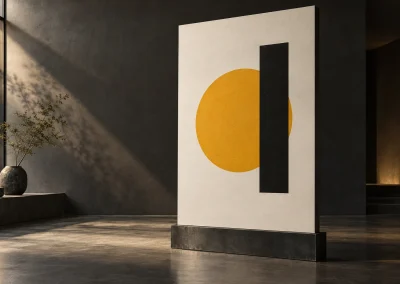 An ivory poster with a bold gold circle and charcoal geometric motif.
