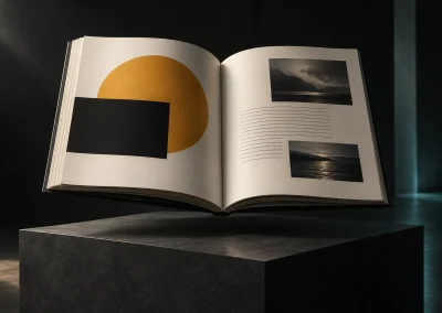 An open editorial spread with a gold motif and carefully arranged visual blocks.