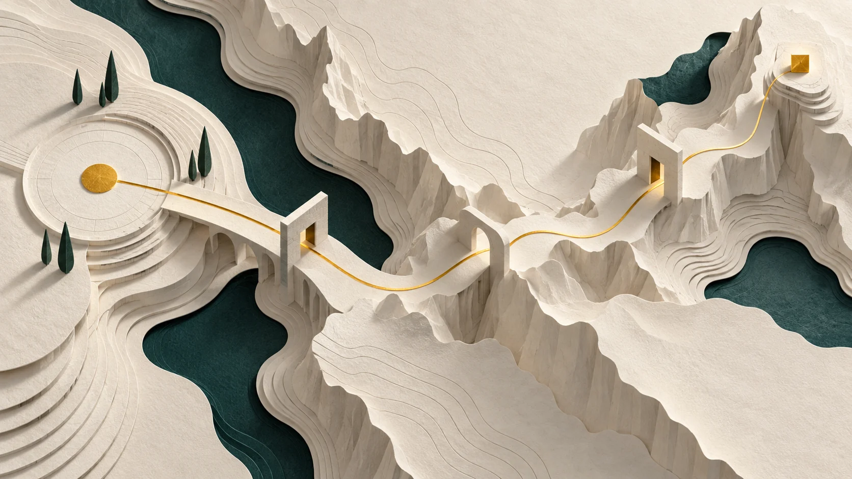A connected route A gold route crosses sculpted ivory-paper terraces and dark architectural channels.