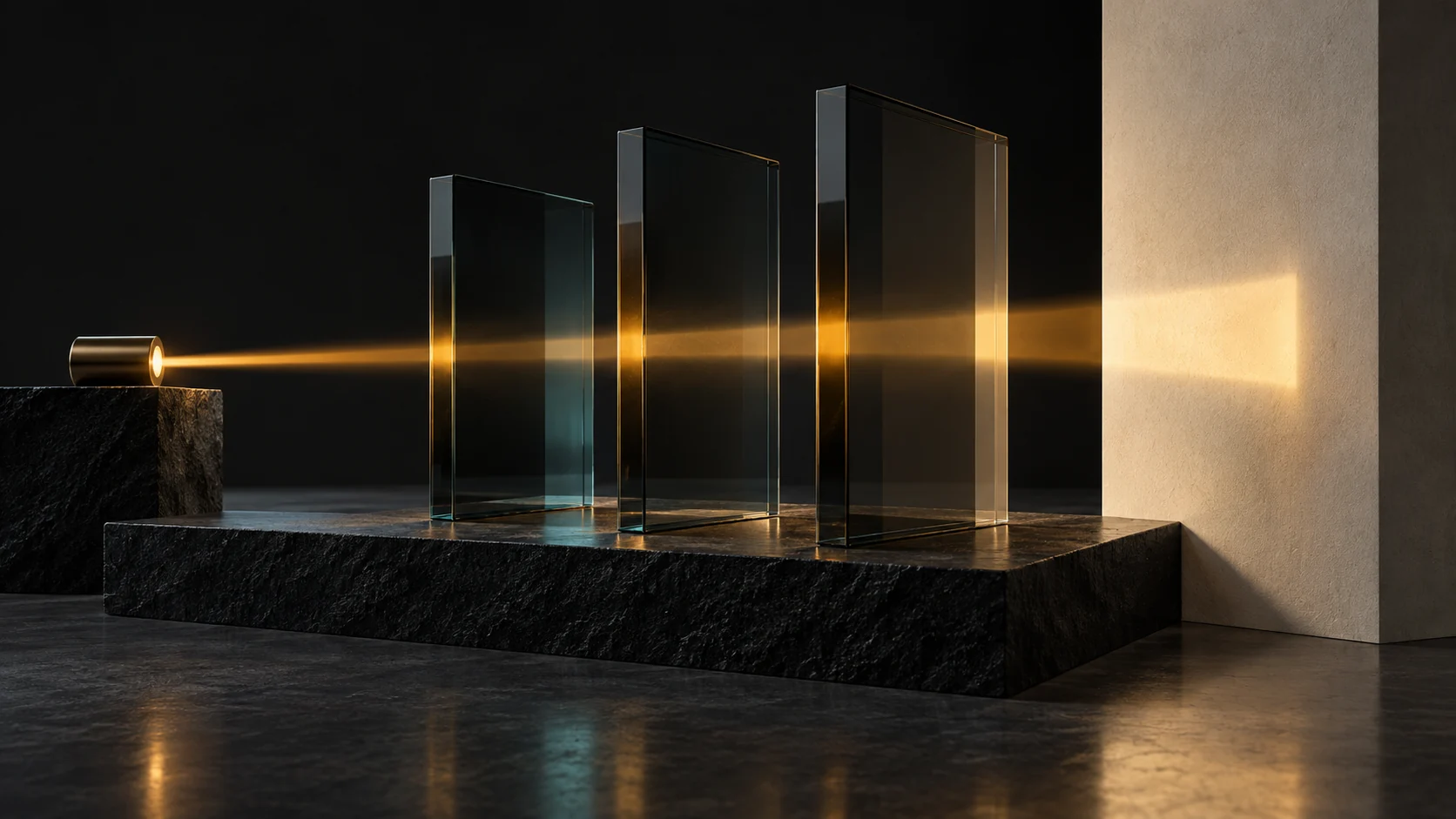 A gold beam passing through smoked-glass panels onto a pale architectural plane.