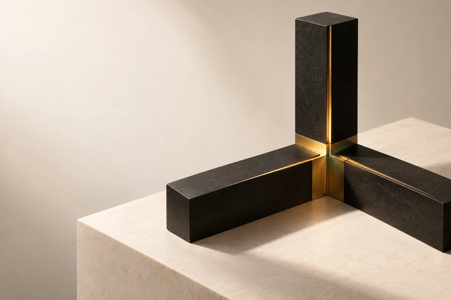 Three charcoal architectural beams meet at a precise gold junction on a warm ivory plinth.