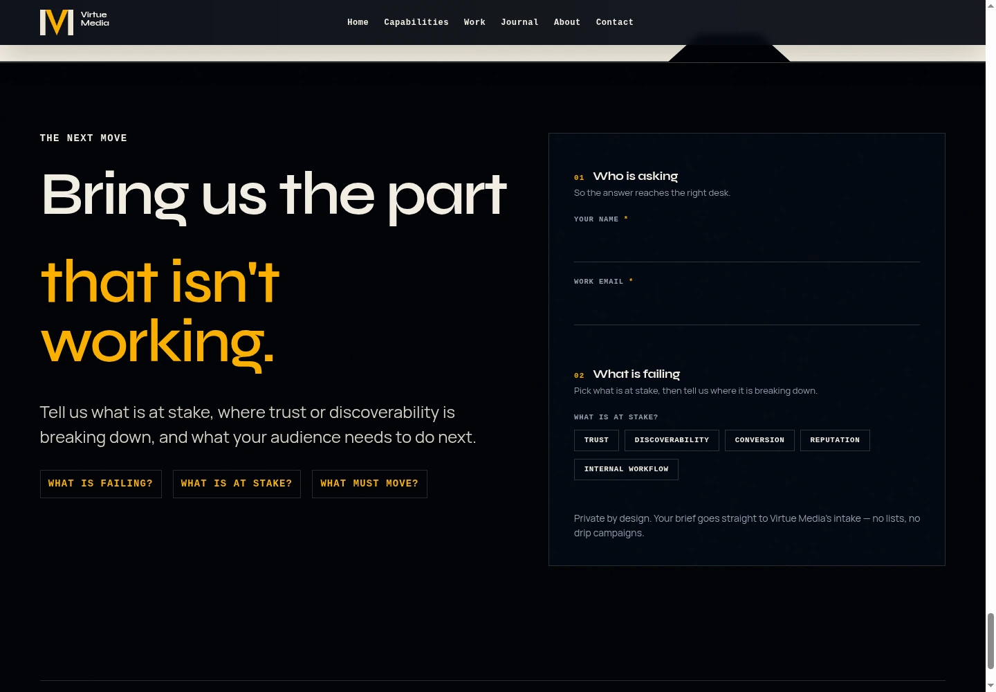 Homepage strategy brief arranged around who is asking, what is failing and what must move.