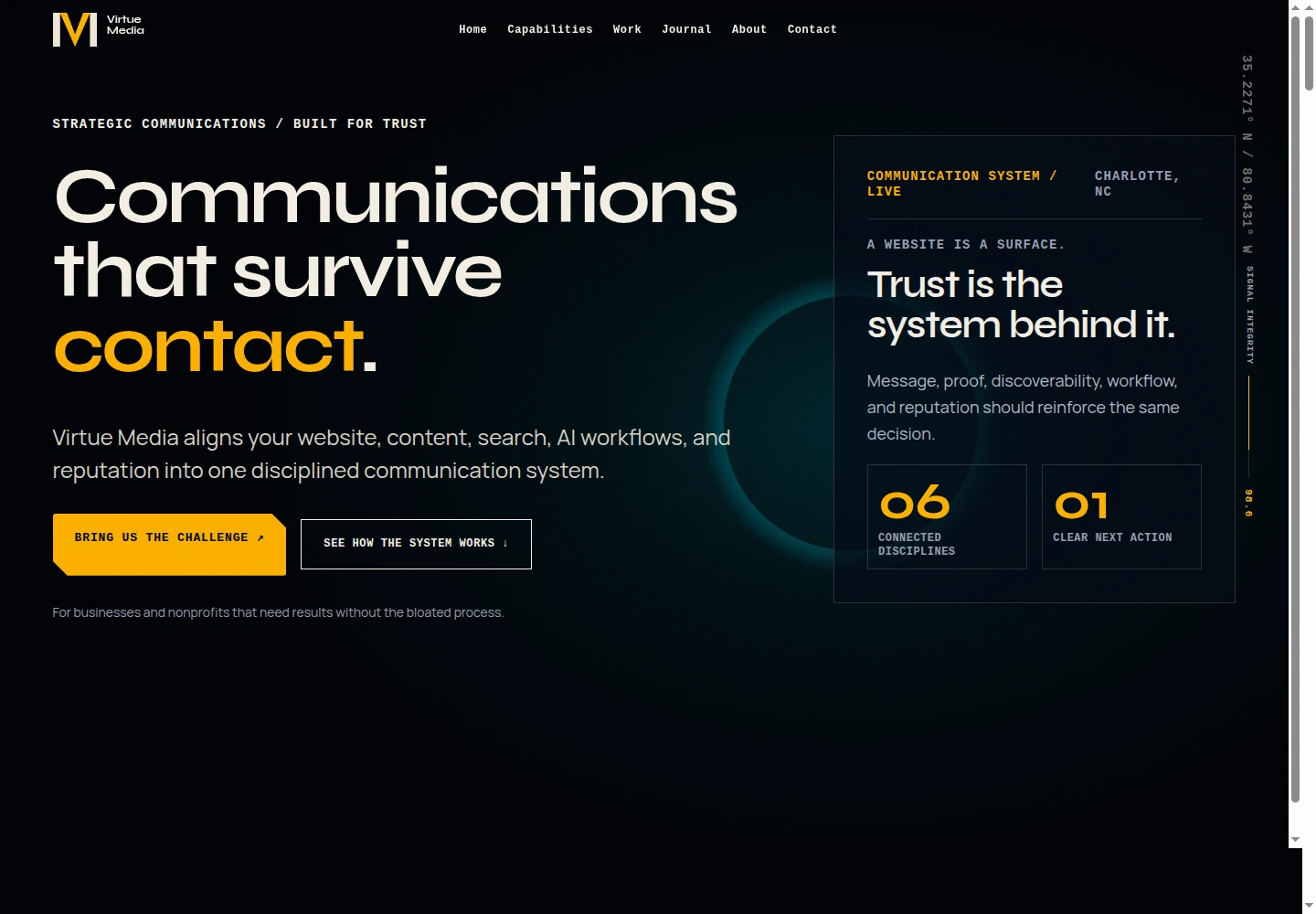 Homepage opening with its communication-system proposition and two routes: bring a challenge or explore the system.