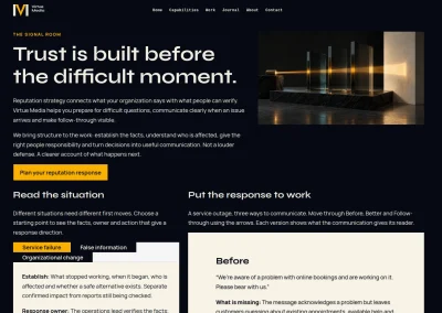 Reputation page opening with its headline, architectural artwork and the start of its response-planning controls.