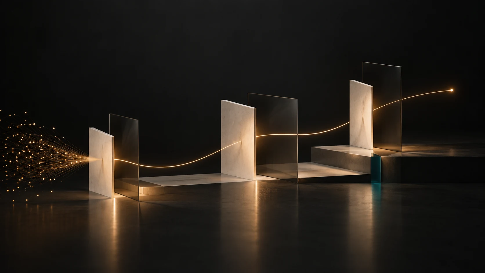 Connected decisions Ivory and smoked-glass frames connected by a gold path in a dark architectural space.