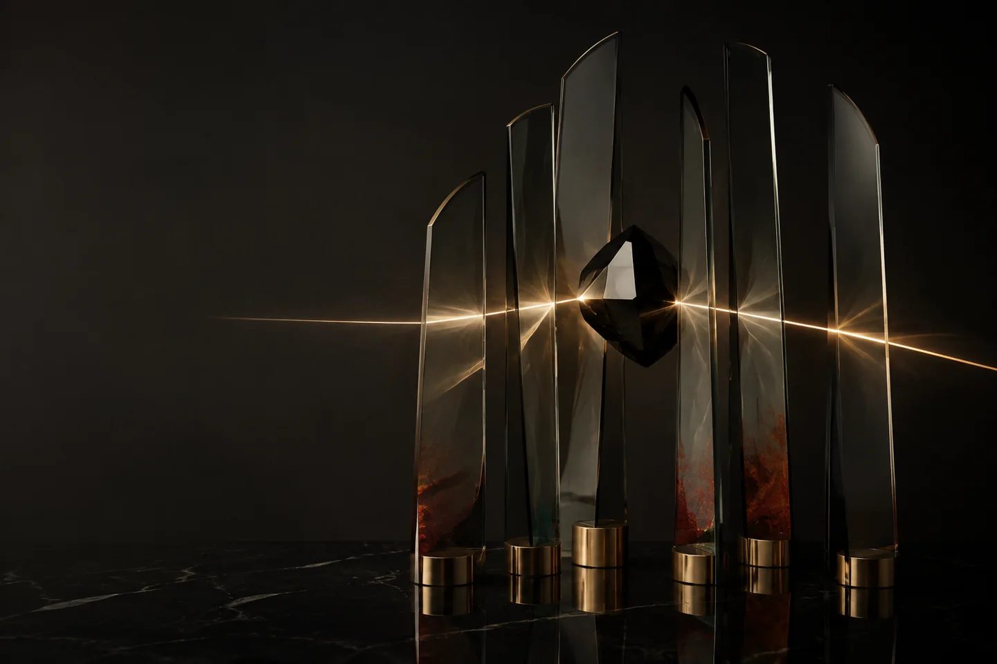 Conceptual glass sculpture connecting six communication disciplines with one gold signal.