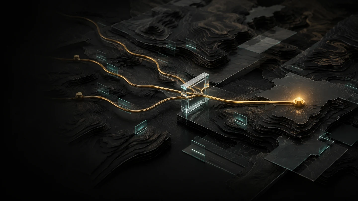 Three gold paths cross a charcoal landscape and converge through a glass threshold toward one illuminated destination.